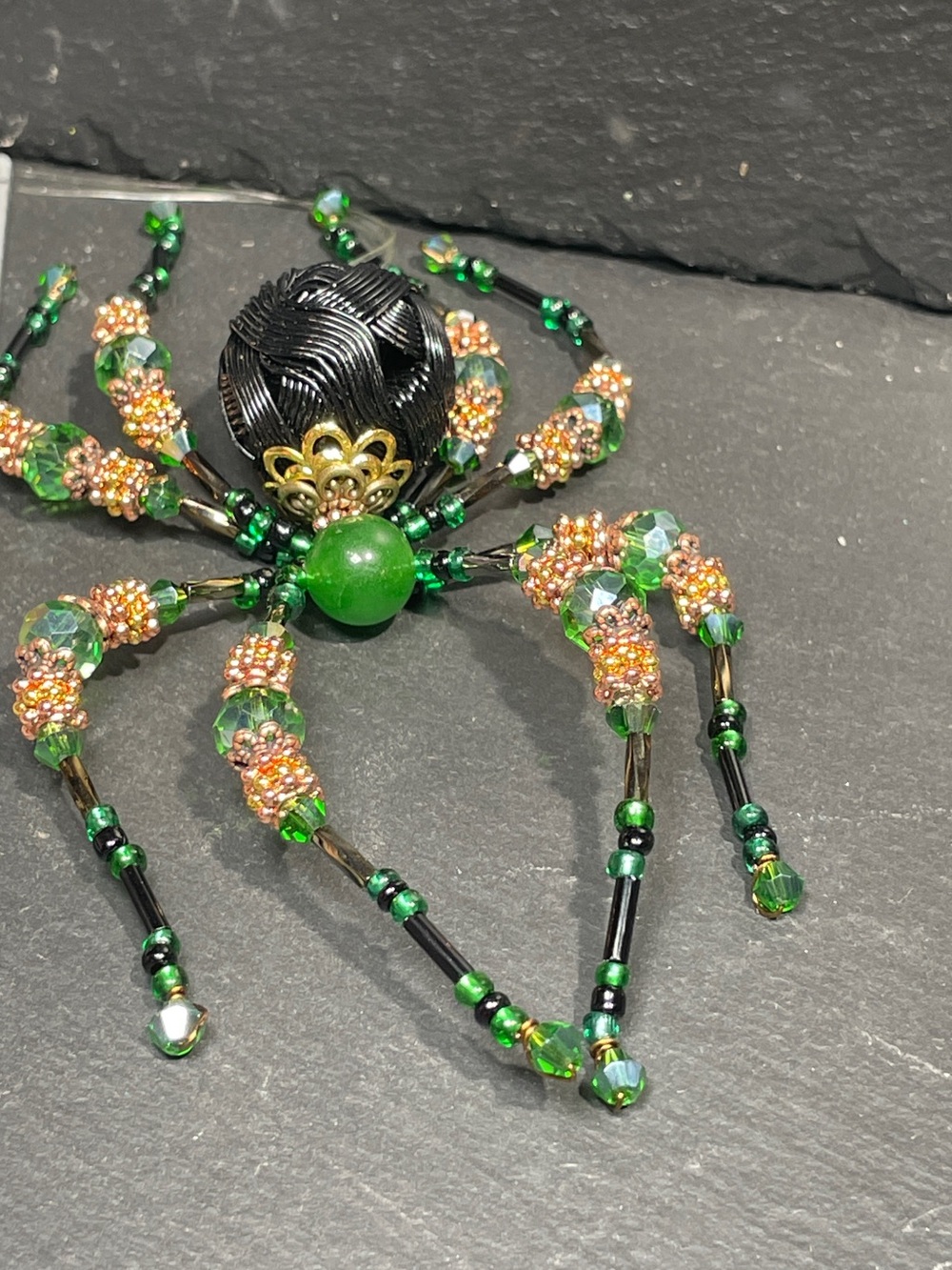 Artisan Made | Green Jade | Black Crystal Beaded Spider | Halloween Ornament - Picture 9 of 14